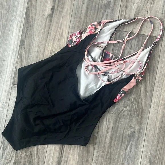 Black and Pink Floral One Piece Swimsuit - Picture 3 of 4